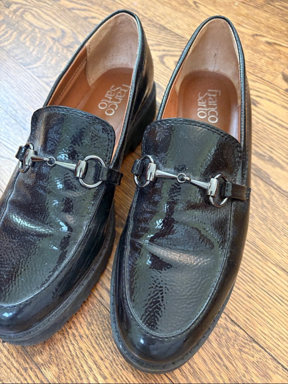 Franco Sarto Black Patent Leather Bit Loafers